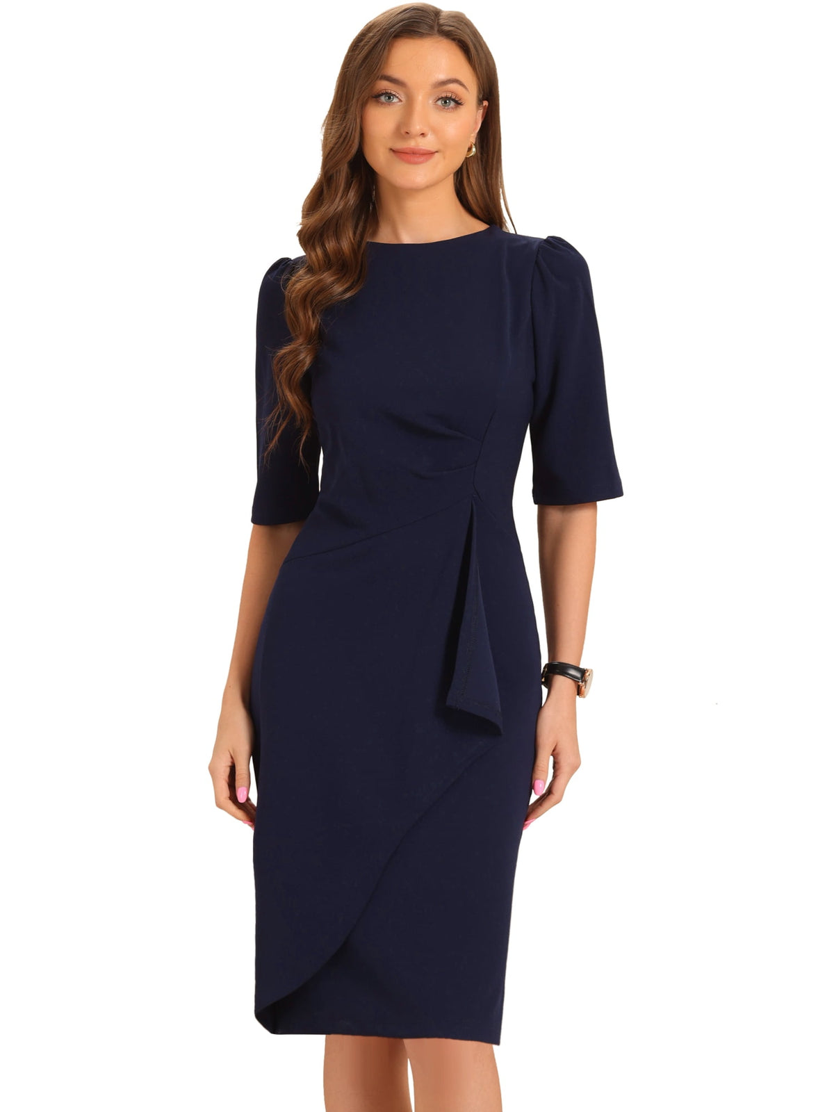 thumbnail image 1 of DARING DIVA Crew Neck Short Sleeve Trendy Ruched Dress M Navy, 1 of 6