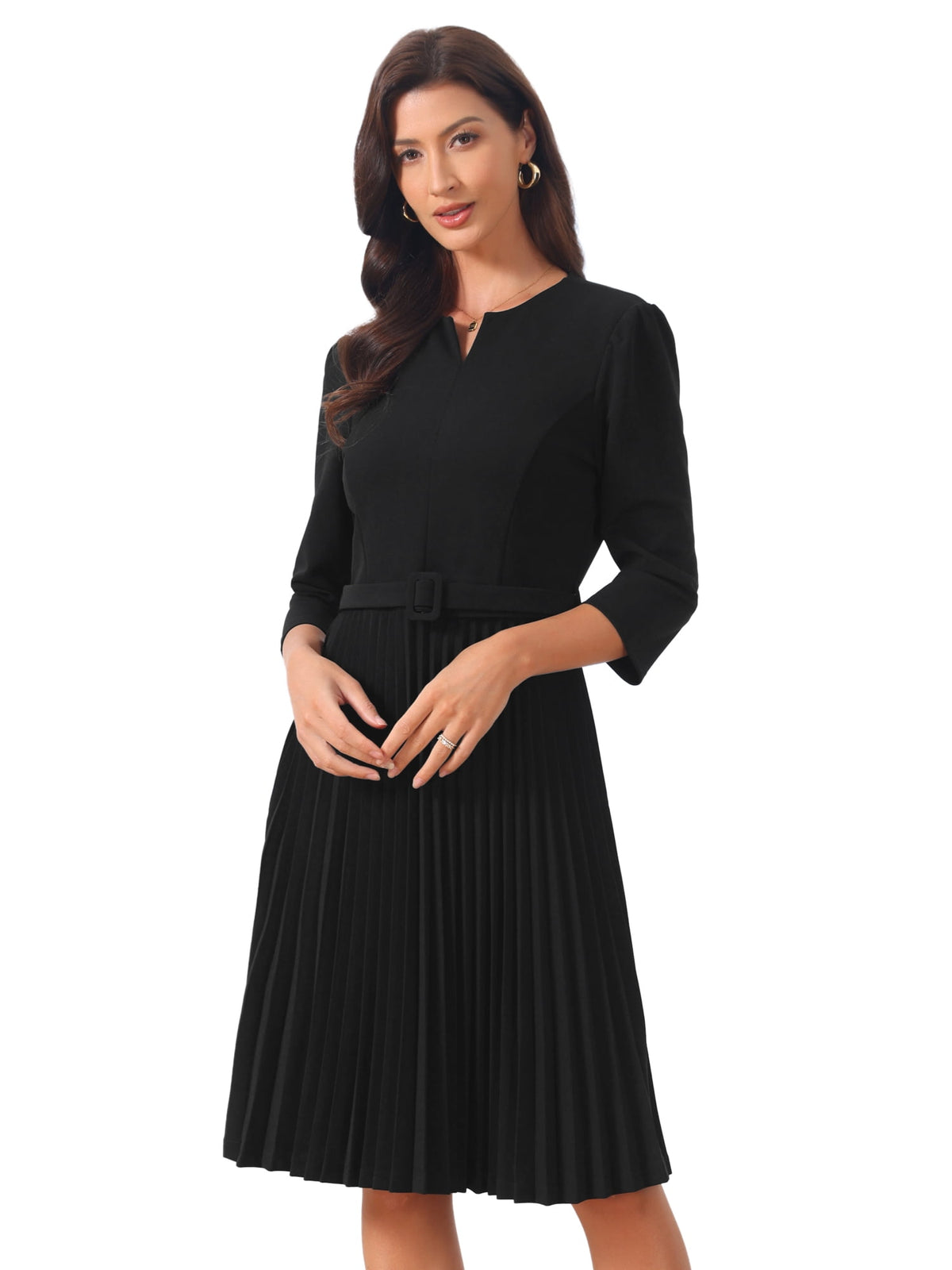 thumbnail image 1 of DARING DIVA Women's Stylish Elegant Work A-Line Dress with 3/4 Sleeve and V Neck L Black, 1 of 6