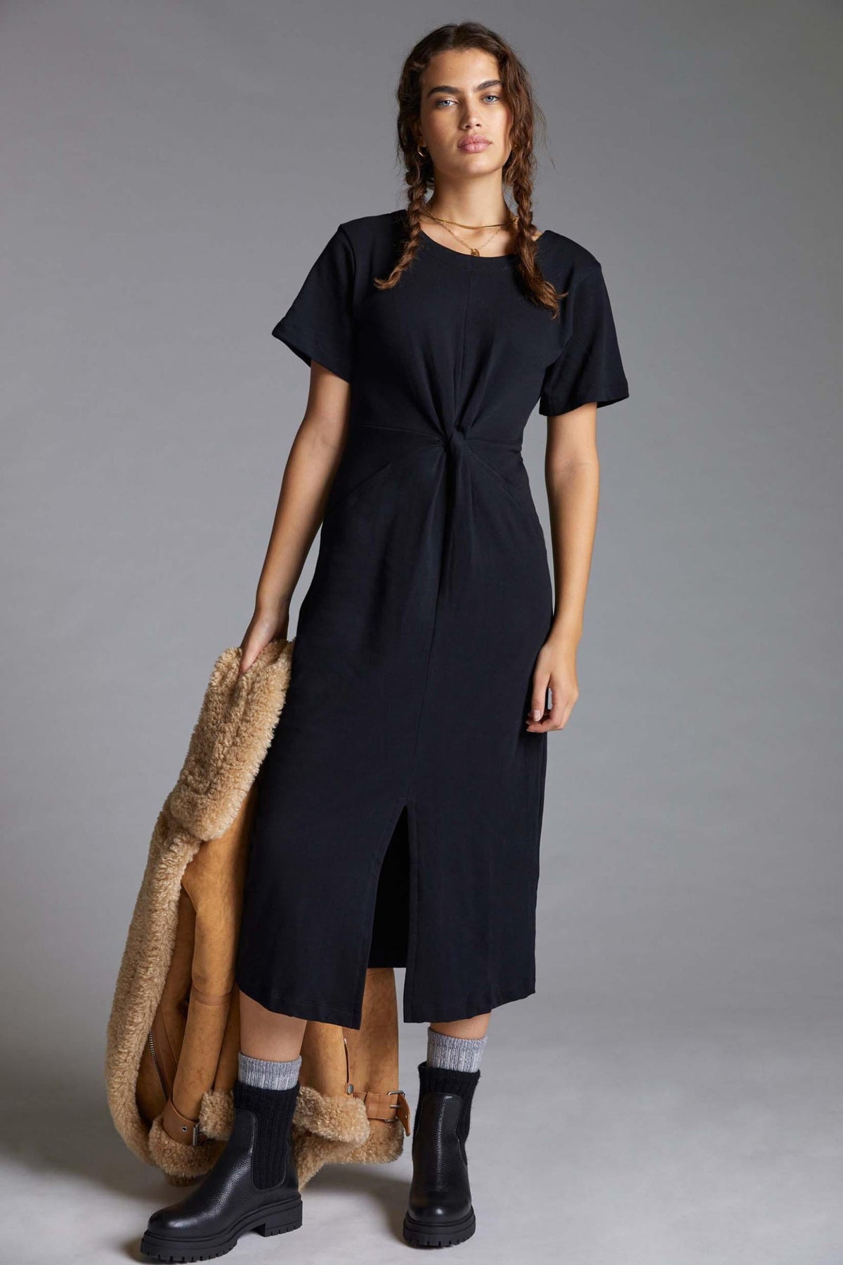 thumbnail image 1 of Daily Practice by Anthropologie Twist-Front Midi Dress, Black, L, 1 of 2