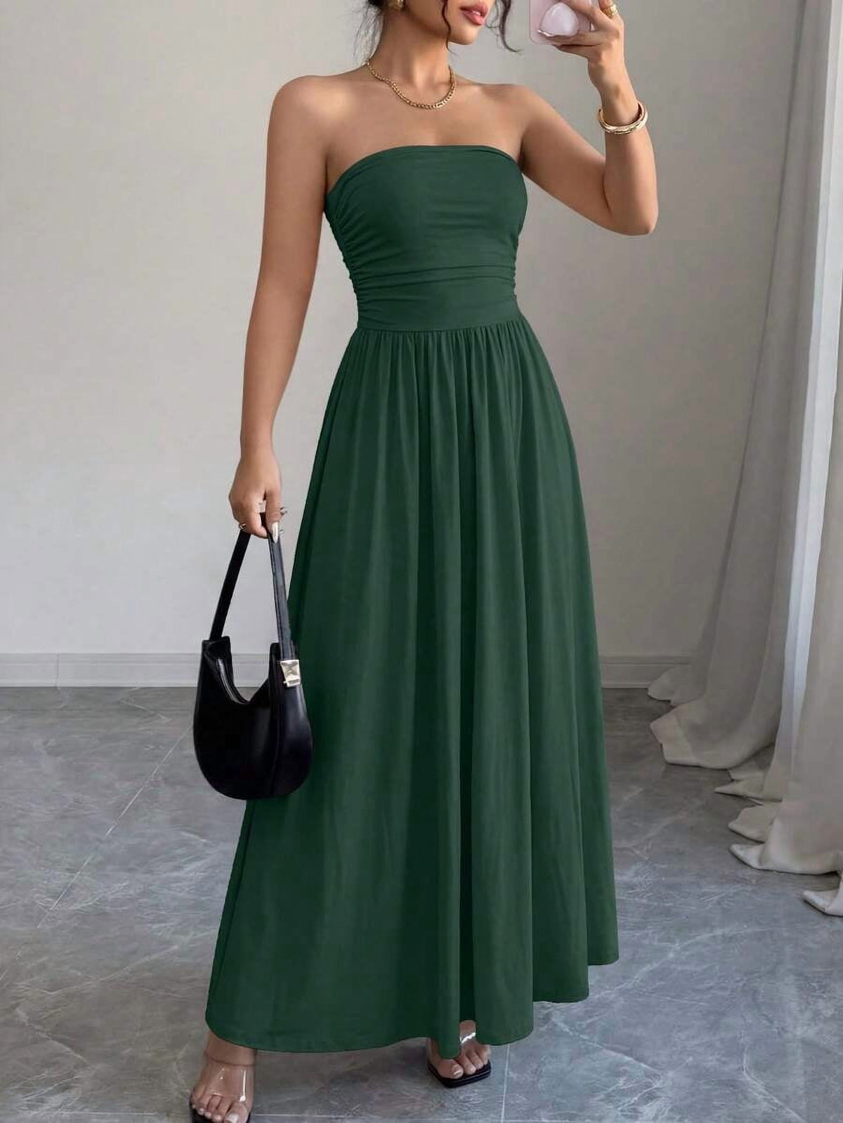 thumbnail image 1 of Dark Green Strapless Ruched Flowy Maxi Dress For Vacation Wedding Guest, 1 of 30