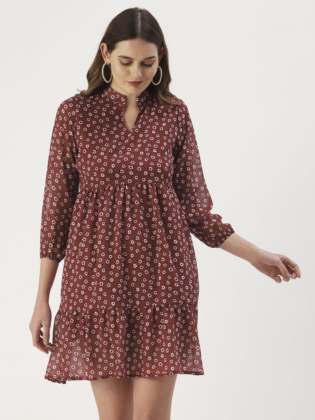 thumbnail image 1 of DressBerry Women’s Printed Poly Georgette Mandarin Collar Long Balloon Sleeves Light Weighted Tiered Hem Above Knee Length Casual&nbsp;Summerwear Beachwear Partywear All Purpose One Piece Dress, 1 of 7