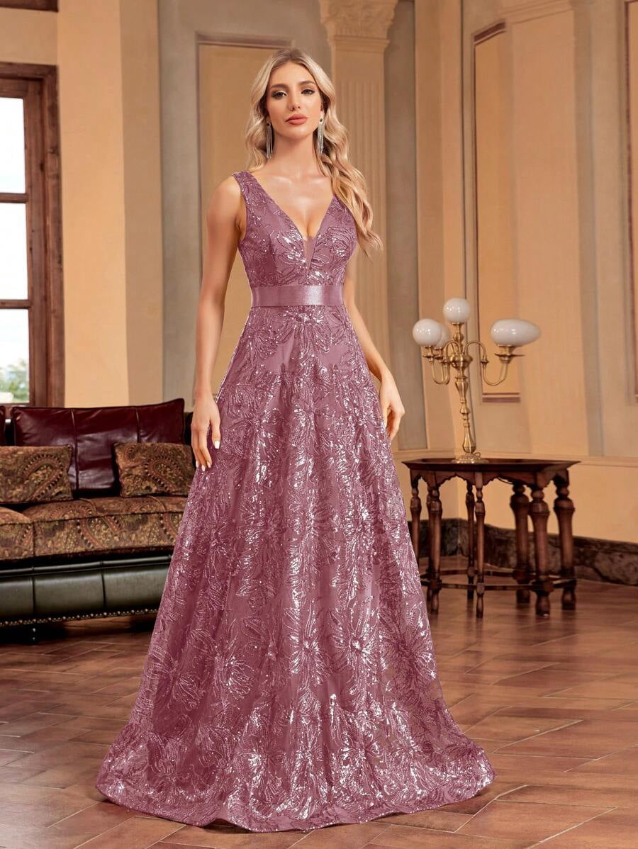 thumbnail image 1 of Dusty Pink Sequin Embroidered V-Neck Sleeveless Maxi Evening Gown, 1 of 30