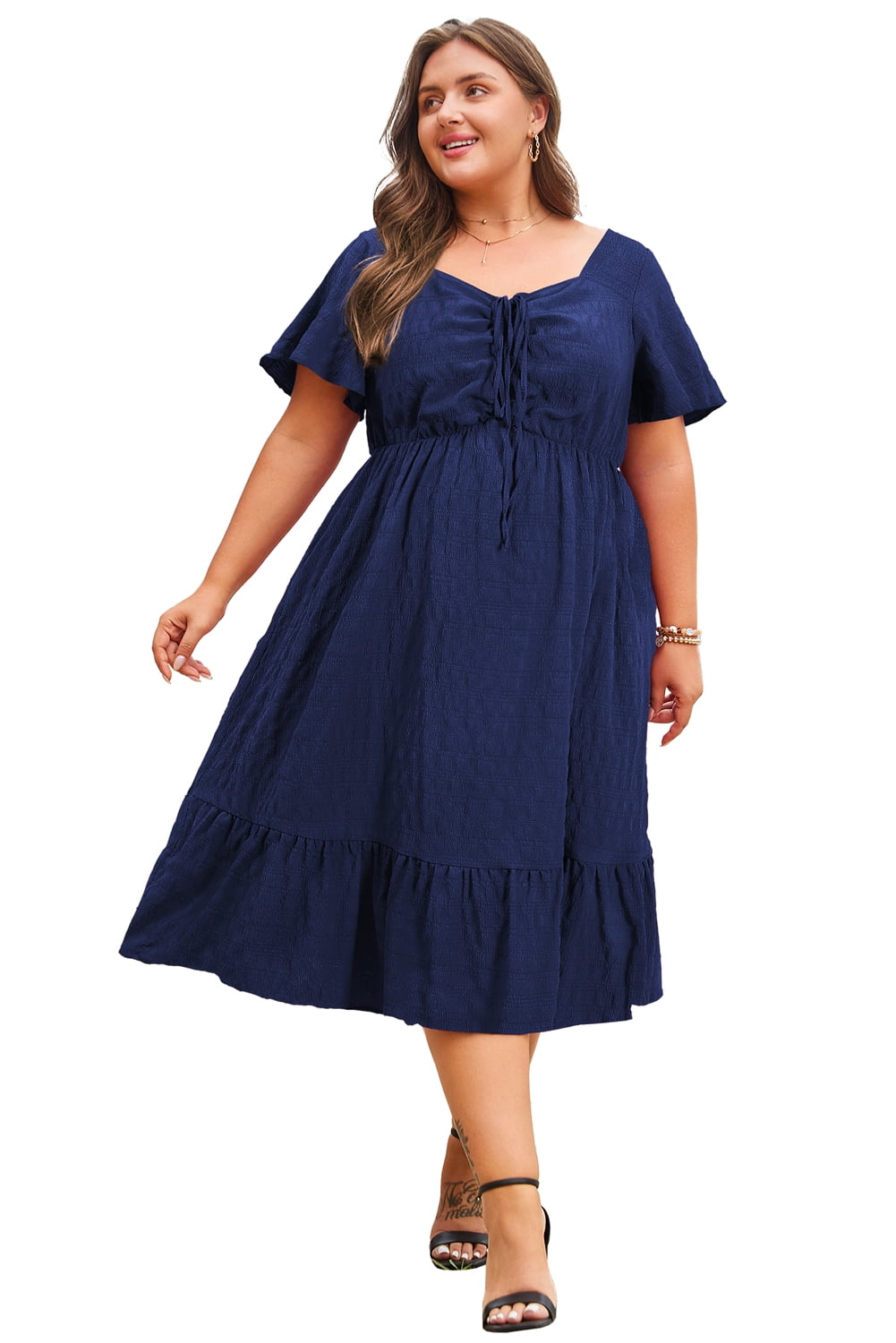 thumbnail image 1 of Elegant Women's Blue Midi Dress – Short Sleeve Lace-up High Waist for Summer Outings, 3X, 1 of 12