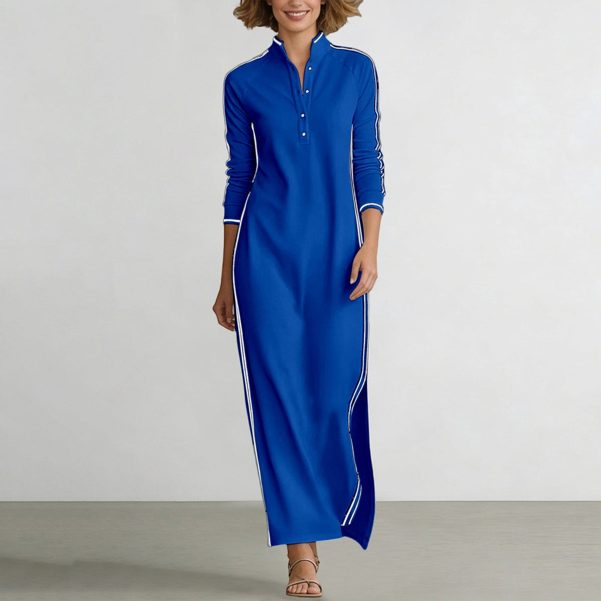 thumbnail image 1 of EliteGoogv Womens Button Front Dresses Long Sleeve Stand Collar Maxi Dresses For Women Contrast Trim Loose Fit Casual Dresses Summer Vacation Wedding Guest Dresses Blue, 1 of 7