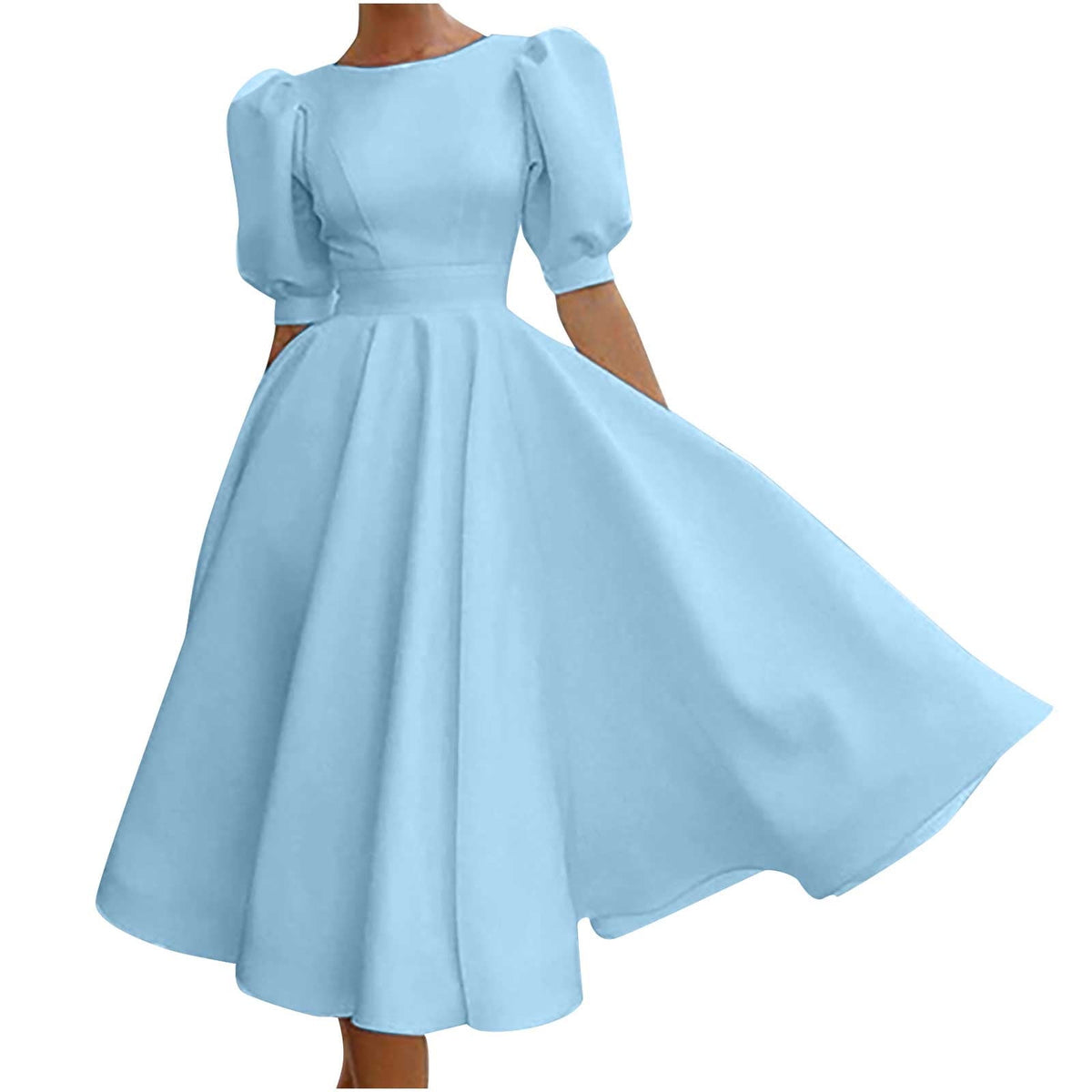 thumbnail image 1 of Fesfesfes Women Dress Solid Pile Of Sleeves Large Swing Short Sleeve Mid Skirt Backless Dress, 1 of 8