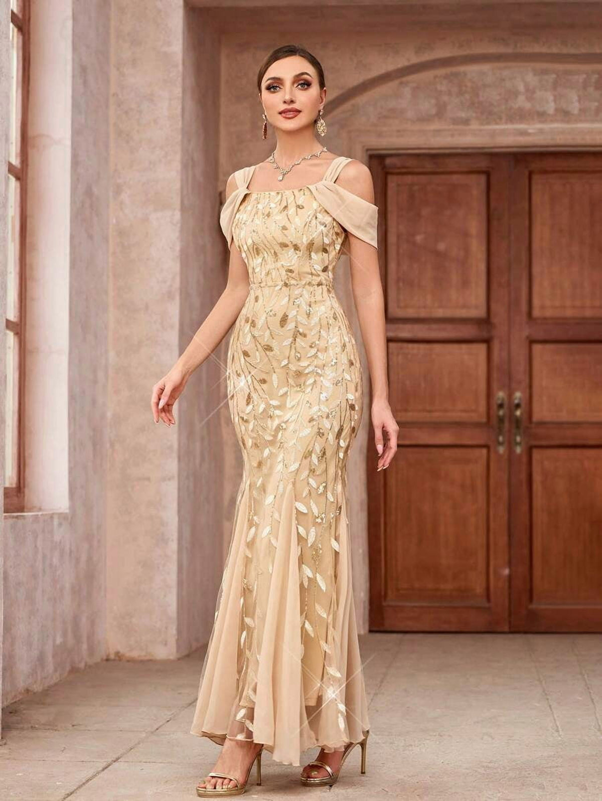thumbnail image 1 of Gold Off-Shoulder Sequin Mermaid Evening Gown For Formal Party Prom, 1 of 6