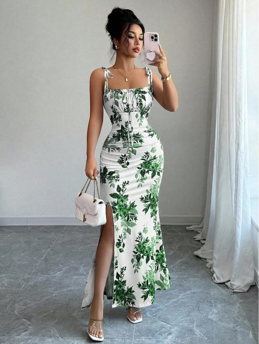 thumbnail image 1 of Green Floral Print Tie-Strap Maxi Dress With Square Neck Ruched Waist, 1 of 12