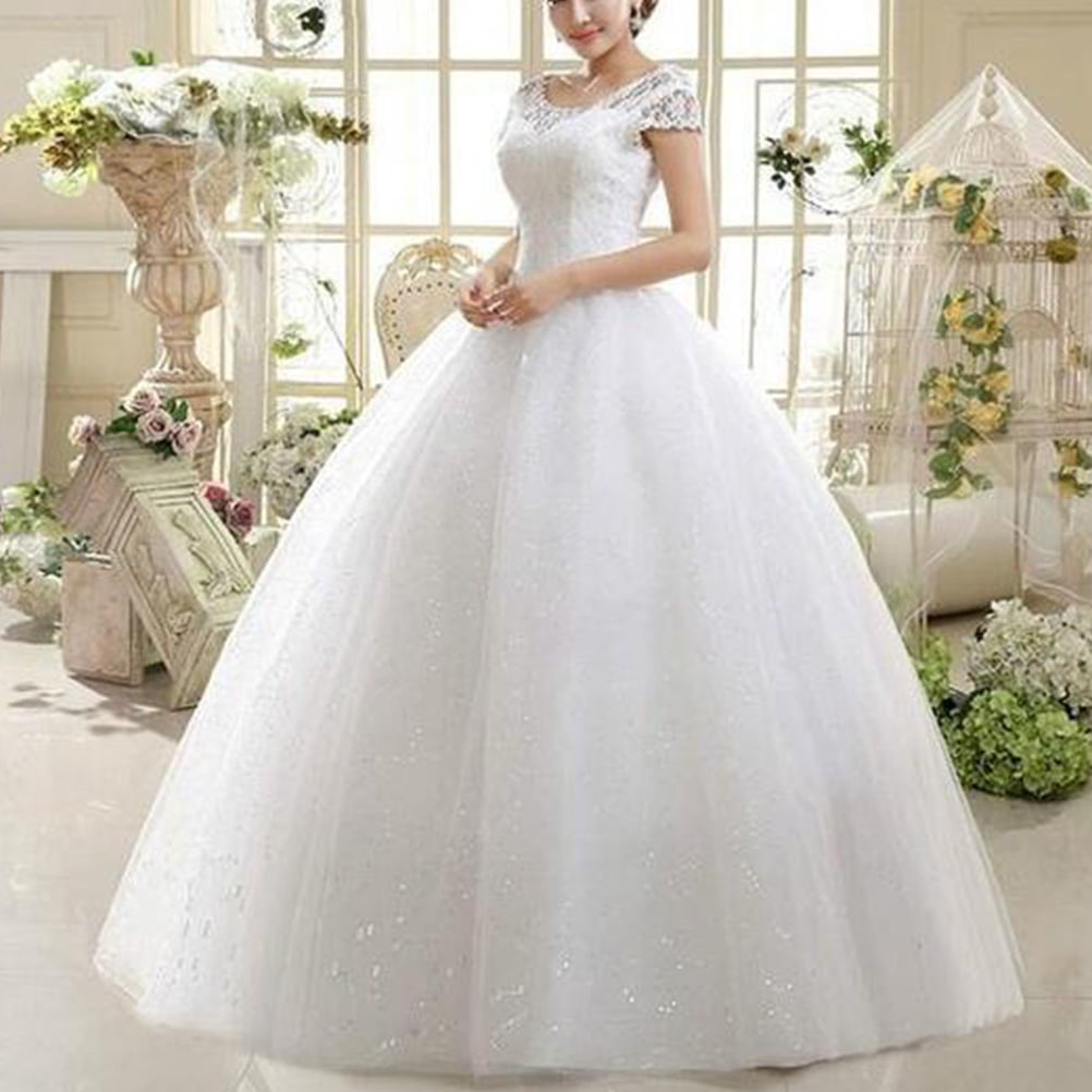 thumbnail image 1 of HONMEET White Lace Floor Length Wedding Dress Double Shoulder Short Sleeve Bridal Gown, 1 of 4