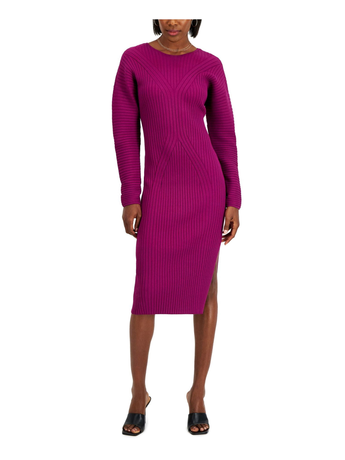 thumbnail image 1 of INC Womens Purple Stretch Ribbed Slitted Dolman Sleeve Crew Neck Below The Knee Wear To Work Sweater Dress XL, 1 of 2