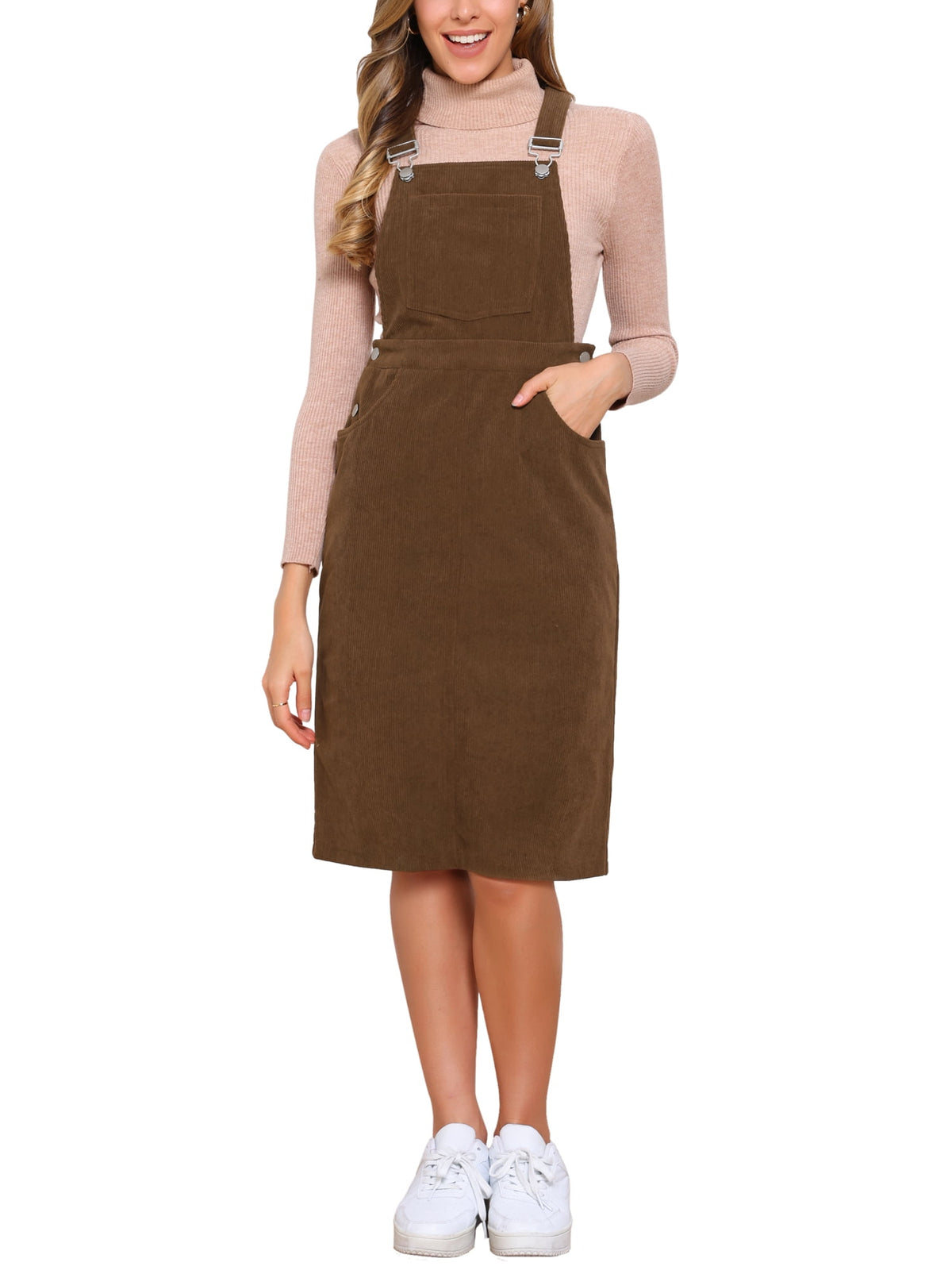 thumbnail image 1 of INSPIRE CHIC Women's Overall Corduroy Sleeveless Square Neck Adjustable Straps Casual Midi Dress with Pockets XS Brown, 1 of 6