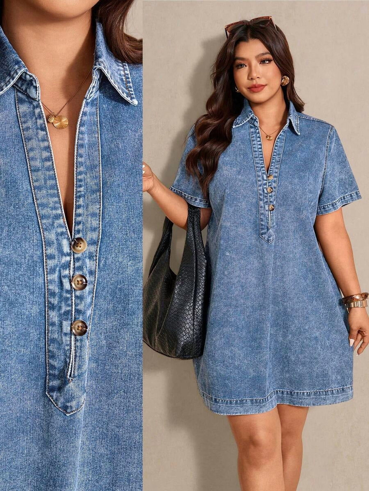 thumbnail image 1 of Light Wash Women's V-Neck Short Sleeve Loose Denim Casual Vacation, 1 of 6