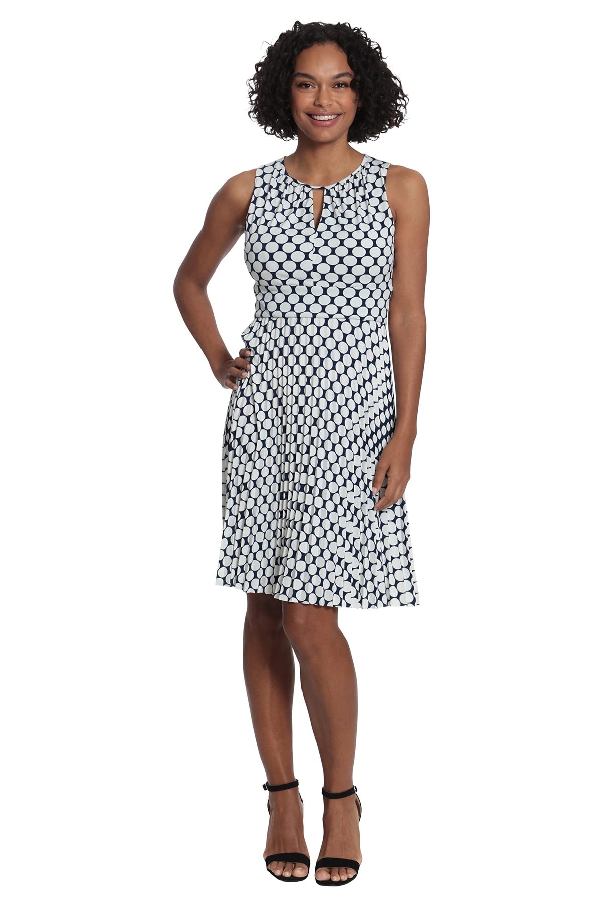 thumbnail image 1 of London Times Women's Plus Size Sleeveless Keyhole Neck Polka Dot Dress with Pleated Skirt, Navy/Ivory, 14W, 1 of 6