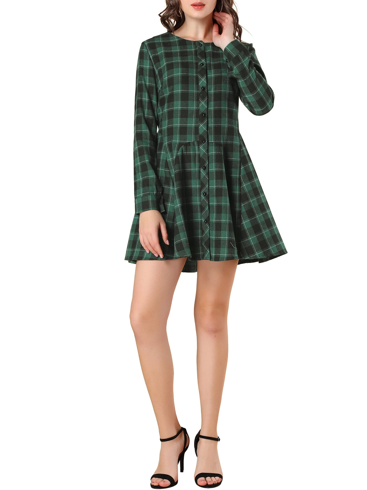 thumbnail image 1 of MODA NOVA Junior's Christmas Party Plaids Long Sleeves Belted Mini A Line Shirt Dress, 1 of 5