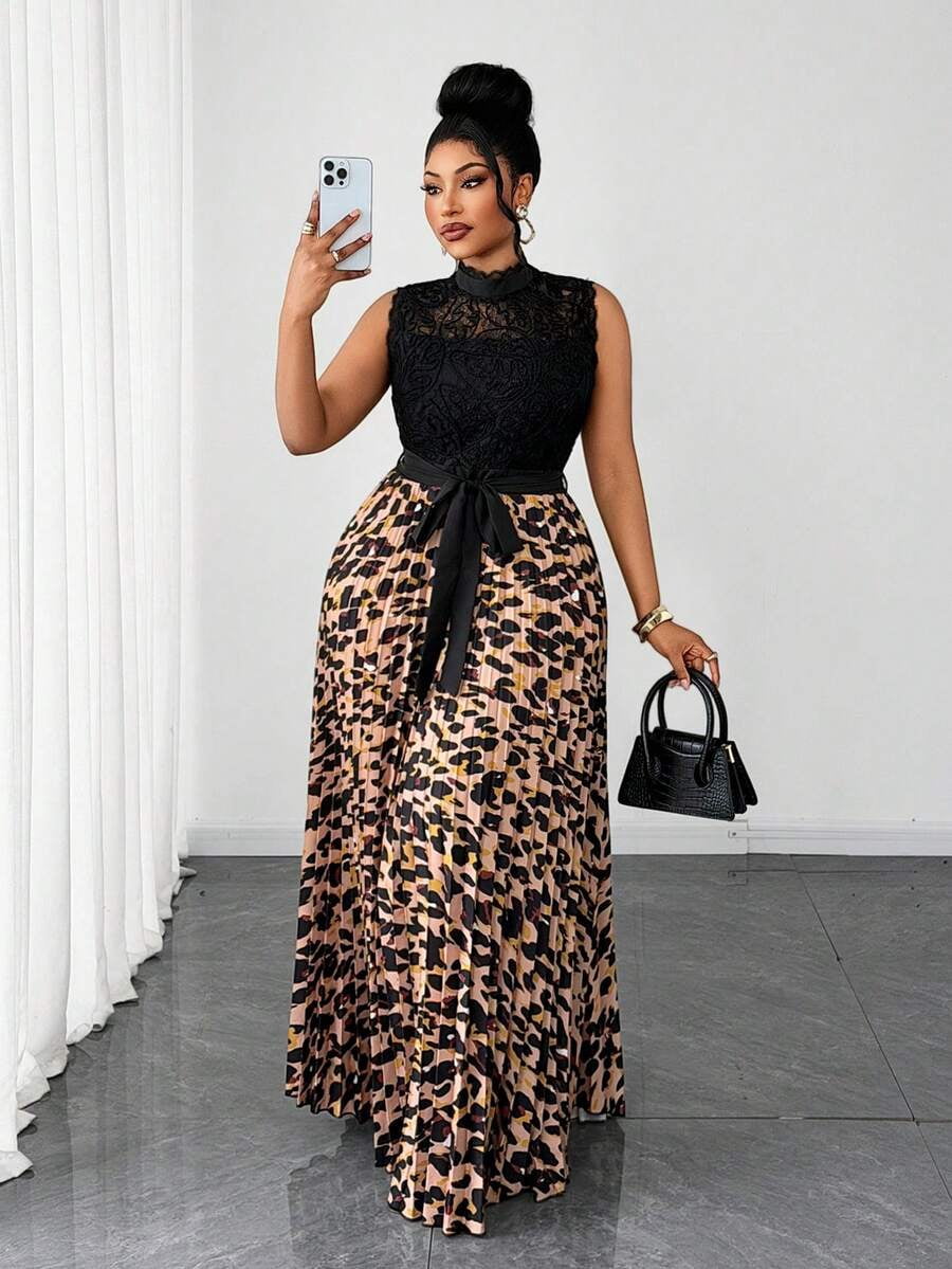 thumbnail image 1 of Multicolor Women Sleeveless Contrast Lace Bodice Pleated Maxi Dress, 1 of 8