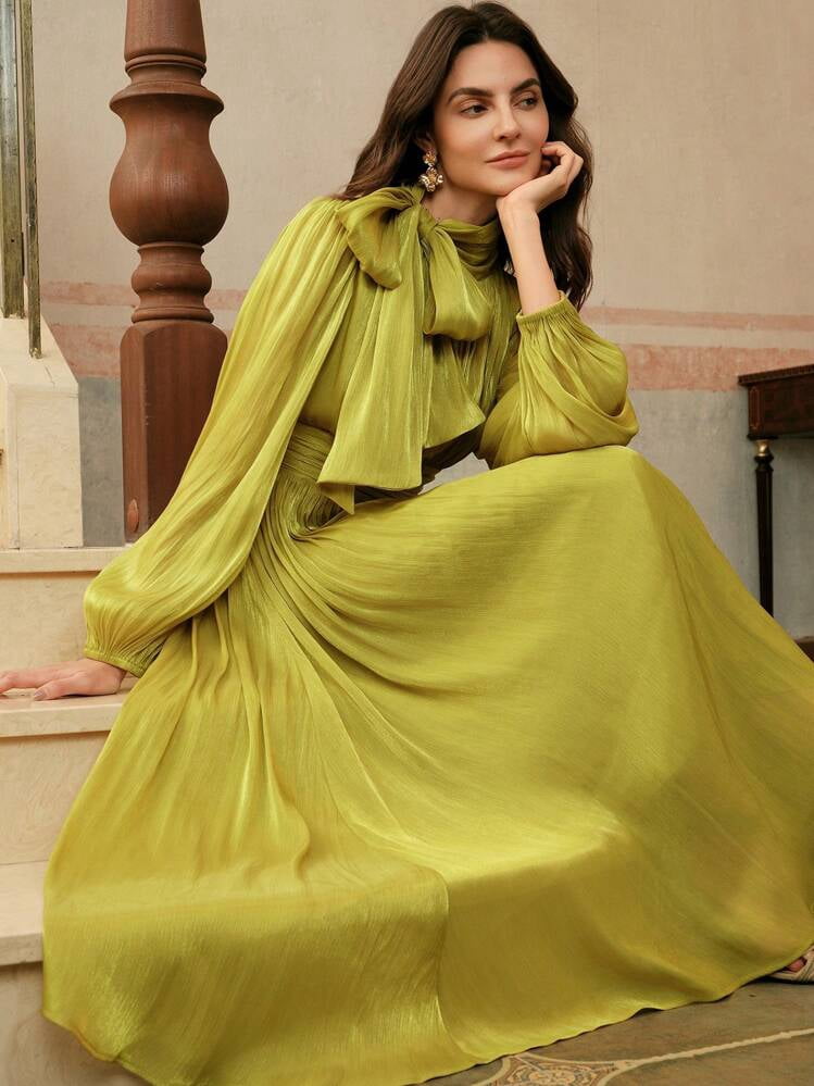 thumbnail image 1 of Mustard Yellow Pleated Long Dress with Bow Neck and Bell Sleeves, 1 of 6