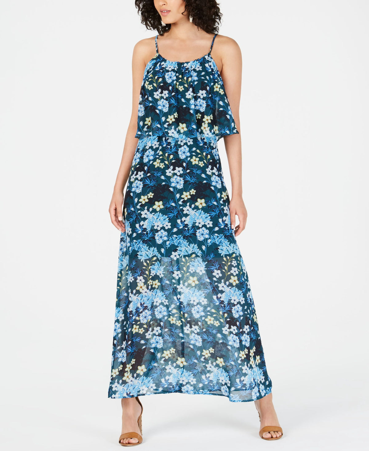 thumbnail image 1 of NY Collection Petite Popover Maxi Dress Teal Poppufleur S, 1 of 1
