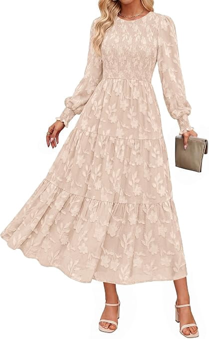thumbnail image 1 of PRETTYGARDEN Fall Floral Long Sleeve Wedding Guest Dress for Women Pockets,Casual Textured Jacquard Smocked High Waist A-line Boho Flowy Midi Dress, Semi Formal Cocktail Dresses for Women, 1 of 7