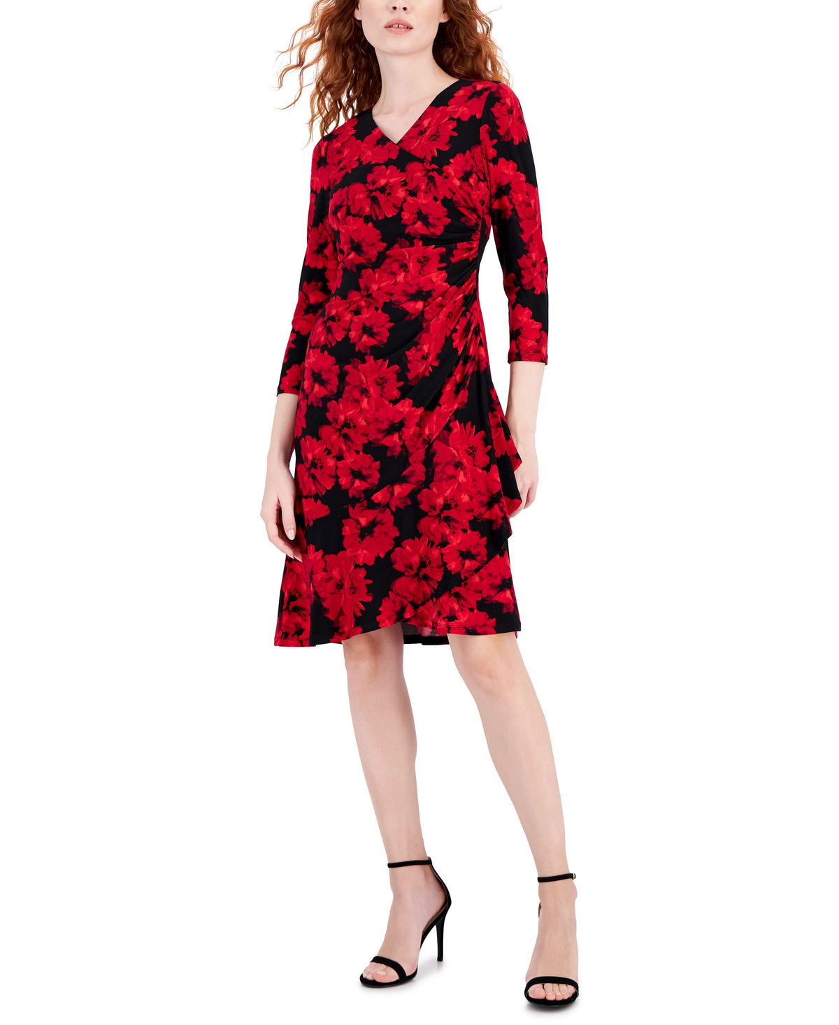 thumbnail image 1 of Petite 3/4-Sleeve Printed Faux-Wrap Dress Anne Black/Fire Red Multi PS, 1 of 1