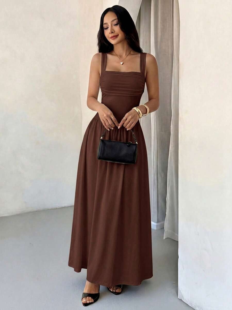 thumbnail image 1 of Petite Womens Coffee Brown Solid Square Neck Flared Maxi Dress For Spring Summer, 1 of 7