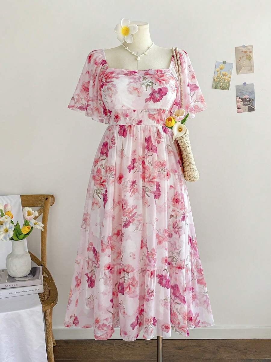 thumbnail image 1 of Plus Size Pink Floral Chiffon Midi Dress, Summer Square Neck Short Puff, 1 of 8