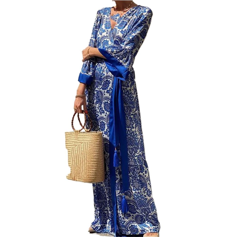 thumbnail image 1 of V-Neck Lace-up Pleated Long Dress for Women. Casual sleeves, loose fit, with pattern., 1 of 6