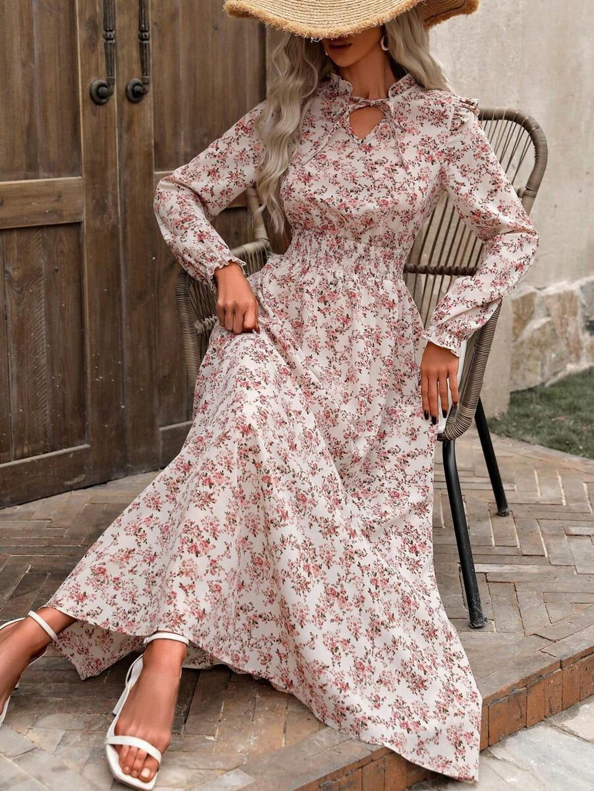 thumbnail image 1 of White Ditsy Floral Maxi Dress With Ruffle Trim And Tie Neck, 1 of 21
