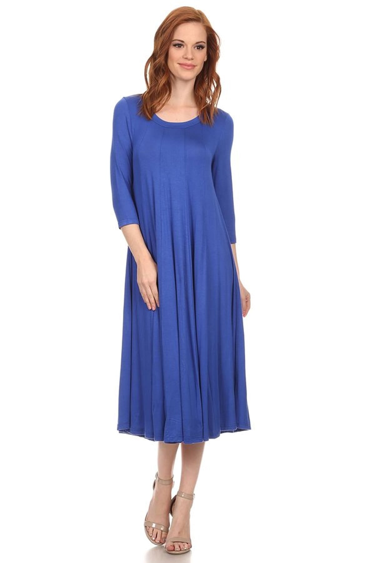 thumbnail image 1 of Women's Casual Loose Fit 3/4 Sleeve Jersey Knit A-Line Solid Midi Dress, 1 of 4
