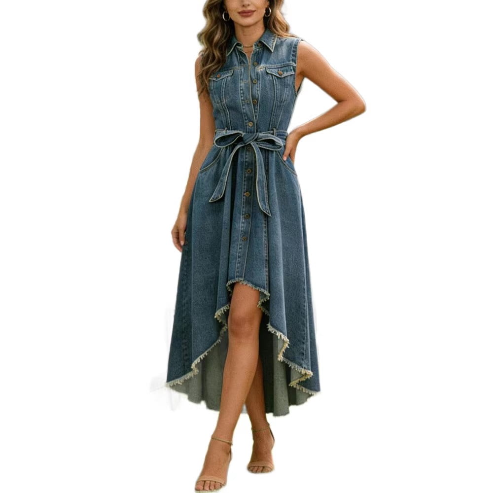 thumbnail image 1 of Women's Denim Casual Dress, 2026 Lapel Sleeveless Button Down Shirt Midi Sundress with Pockets, 1 of 7