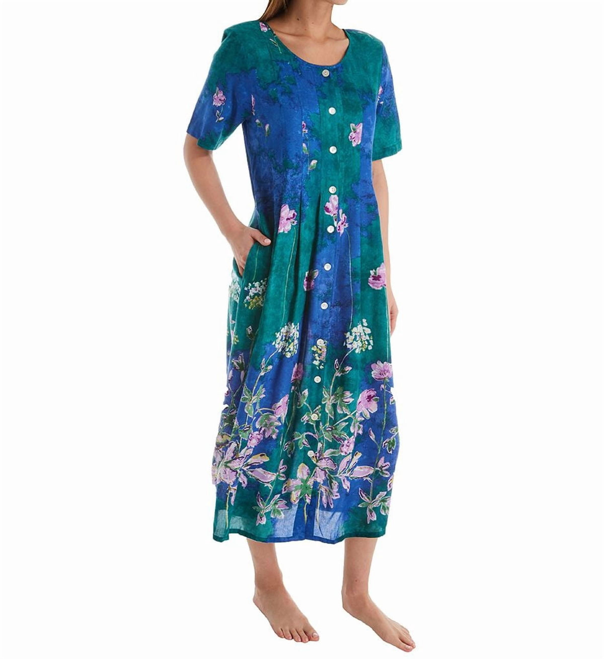 thumbnail image 1 of Women's La Cera 2708 Button Front Rayon Long Lounge Dress (Teal/Blue M), 1 of 1