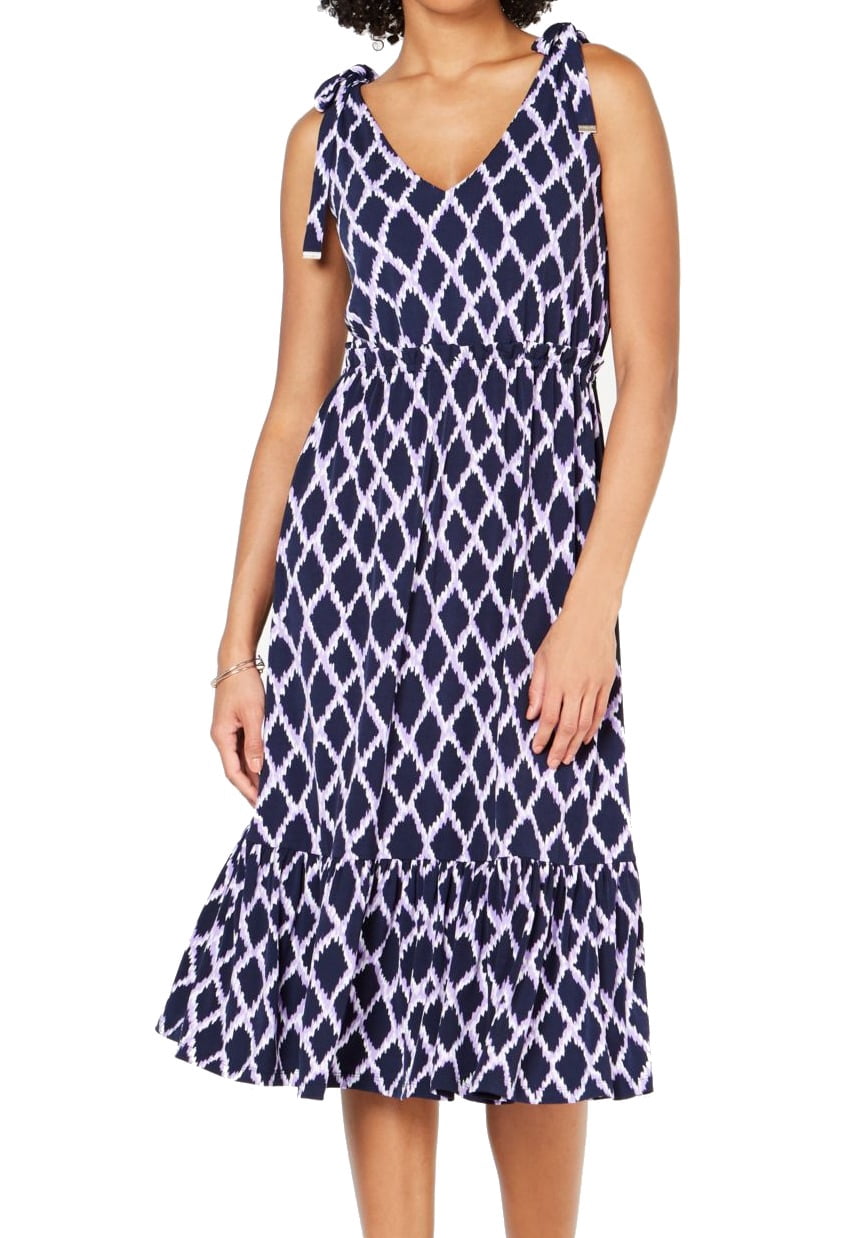 thumbnail image 1 of Michael Kors Printed Tie-Shoulder Ruffled Dress, in Regular & Petite (Dark Lavender, S), 1 of 4