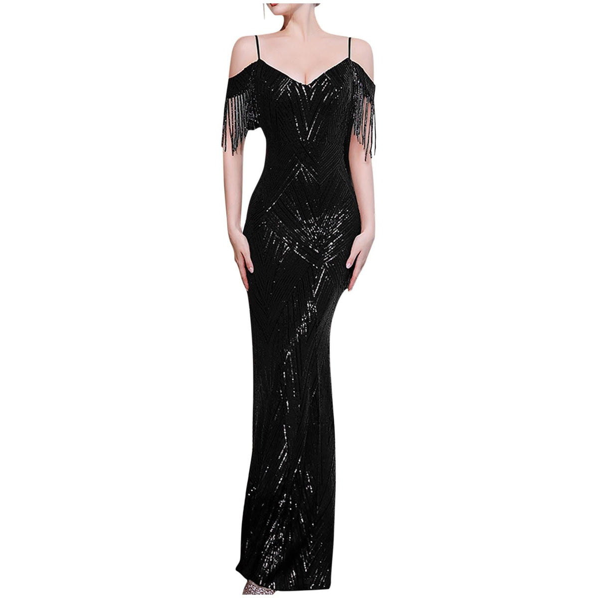 thumbnail image 1 of Women's V Neck Sequin Formal Evening Dress Tassel Cold Sleeve Long Gown Retro Party Maxi Mermaid Dress Elegant Dresses for Women Formal S-6 Black XXL, 1 of 6