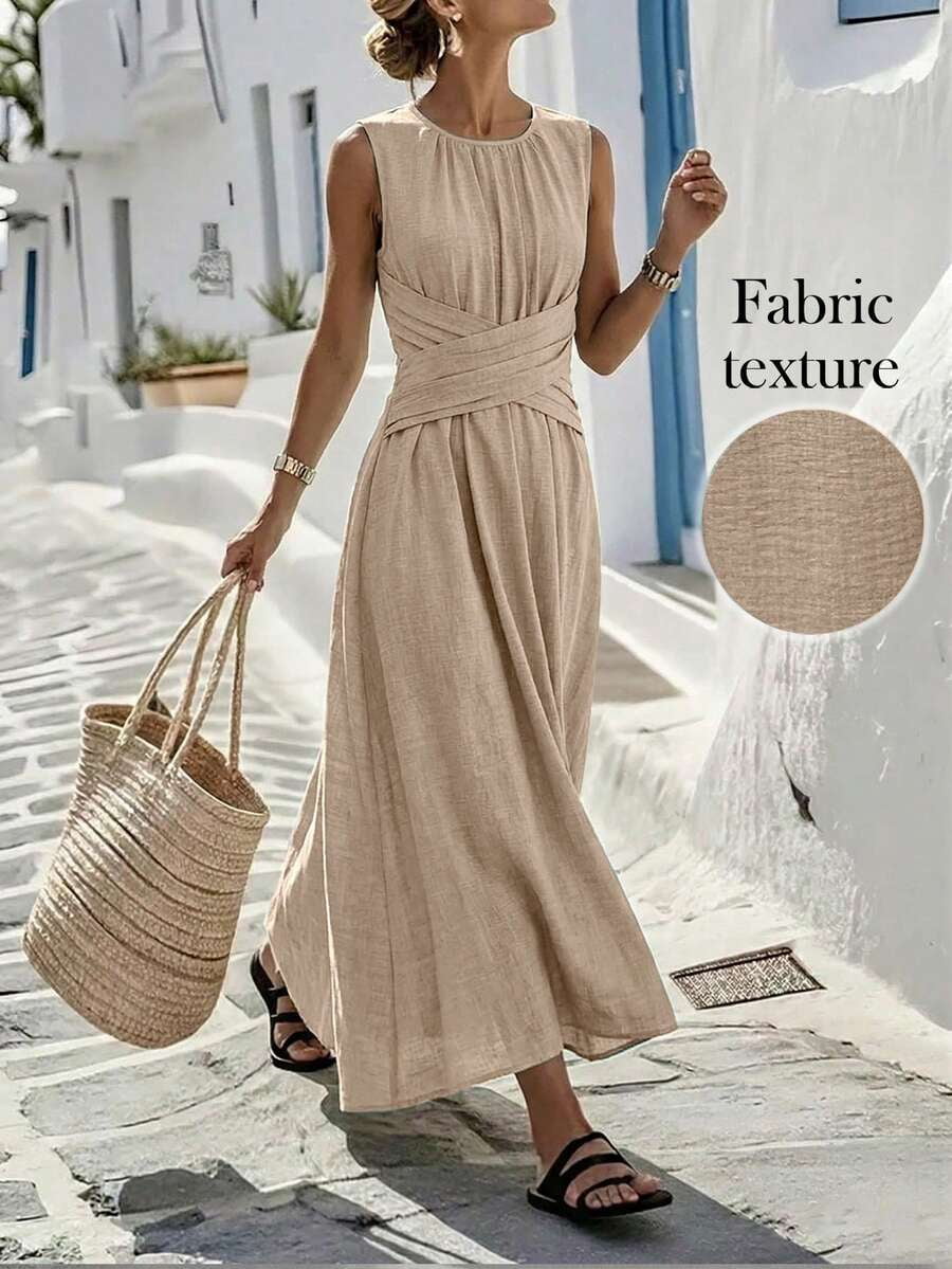 thumbnail image 1 of Womens Casual Khaki Sleeveless Maxi Dress, Elegant Criss-Cross Waist, 1 of 4