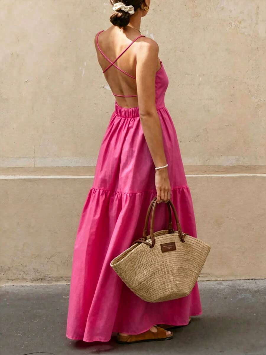 thumbnail image 1 of Womens Hot Pink Backless Maxi Dress, Elegant Strappy Summer Sundress, 1 of 4
