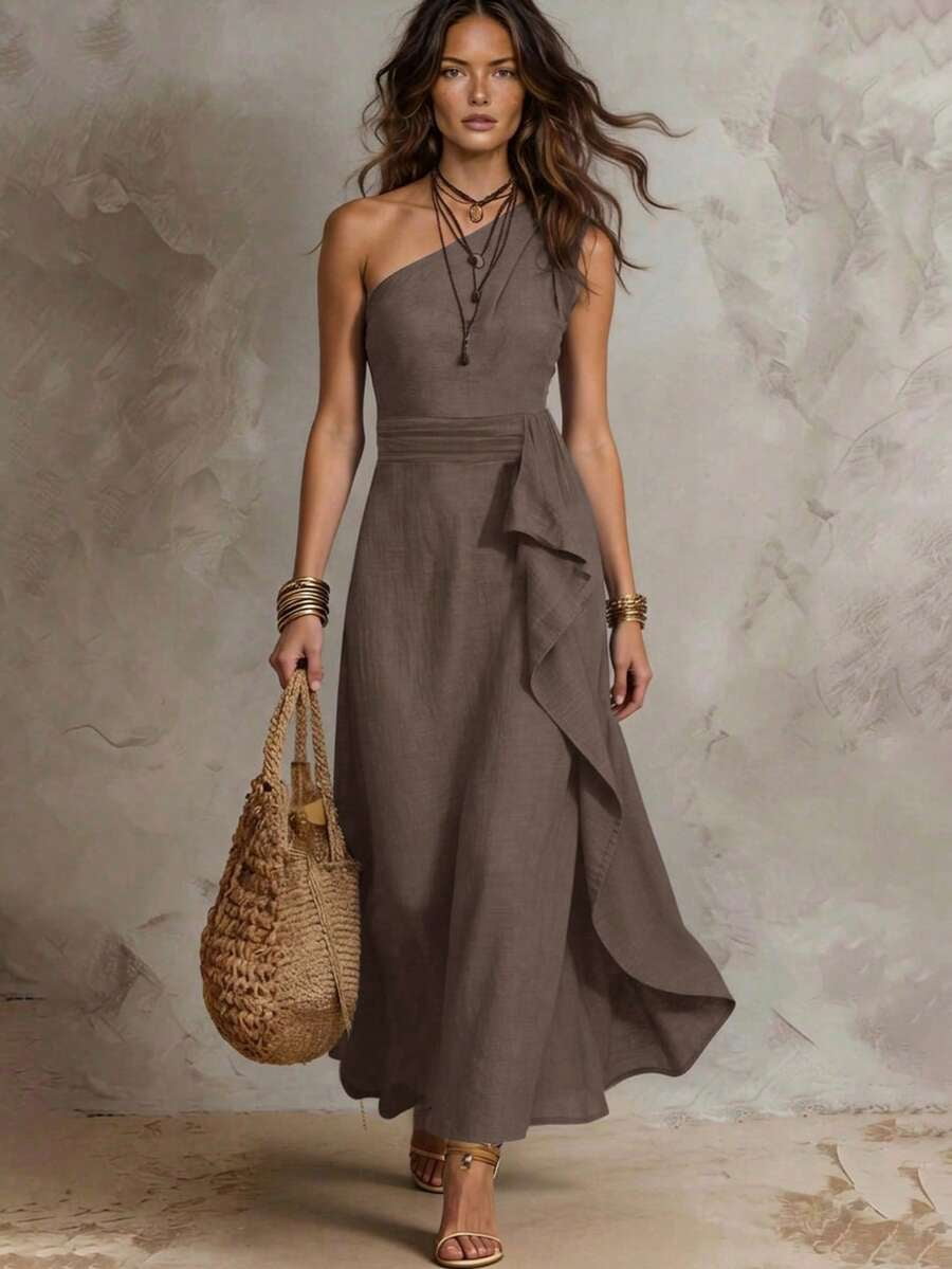 thumbnail image 1 of Womens Mocha Brown One Shoulder Sleeveless Ruffle Maxi Dress, 1 of 6
