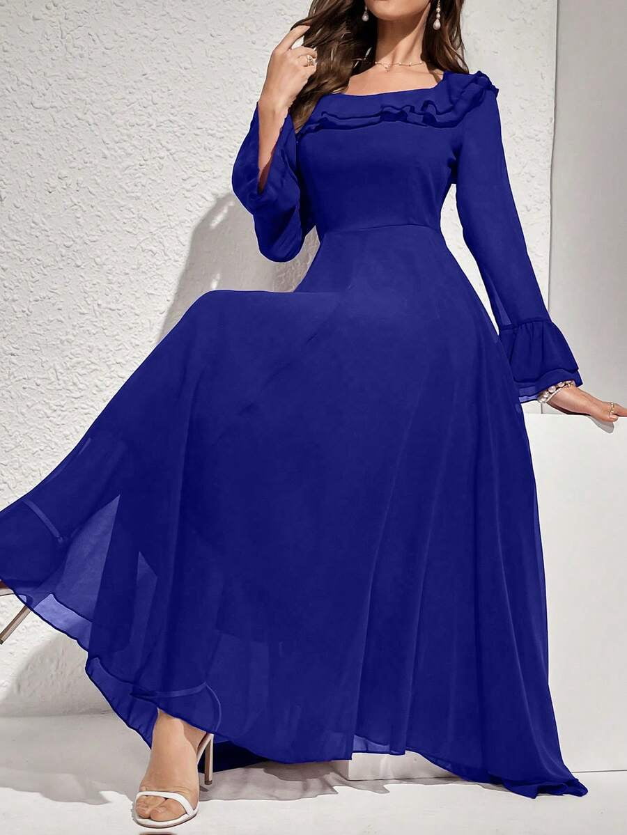 thumbnail image 1 of Womens Royal Blue Ruffled Flare Sleeve Maxi Dress - Elegant Long Evening, 1 of 8