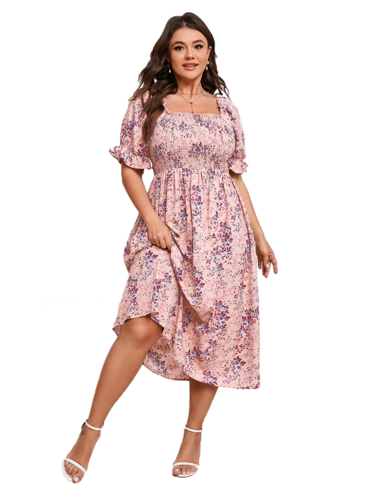 thumbnail image 1 of Yesfashion Women's Summer Casual Dresses 2025 Spring Puff Sleeve Square Neck A-line Flowy Floral Smocked Midi Dress, 1 of 7