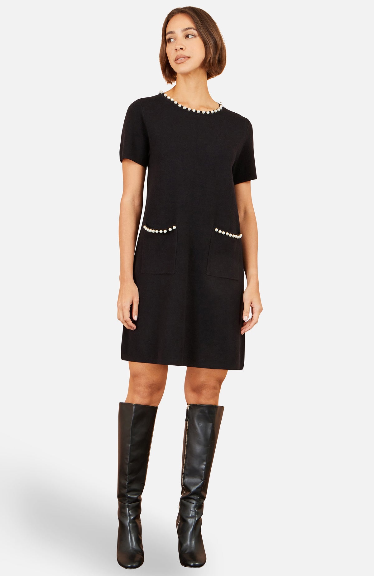 thumbnail image 1 of Yumi Embellished Detail Knitted Tunic Dress - Black, S, 1 of 5