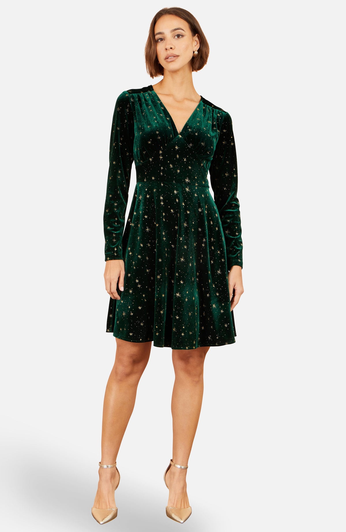 thumbnail image 1 of Yumi Foil Star Print Velvet Skater Dress - Green, 4, 1 of 4