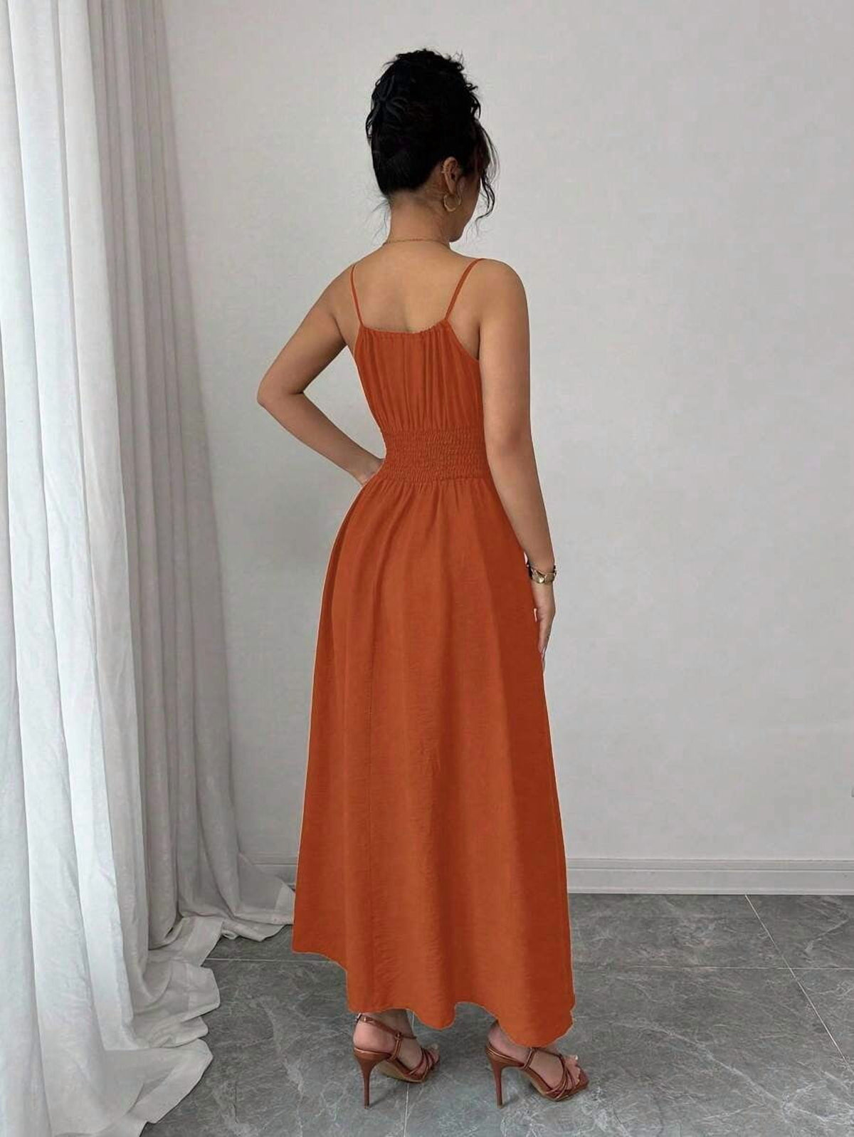 thumbnail image 2 of Burnt Orange Womens Smocked Waist Tie-Front A-Line Maxi Strap Dress, 2 of 30