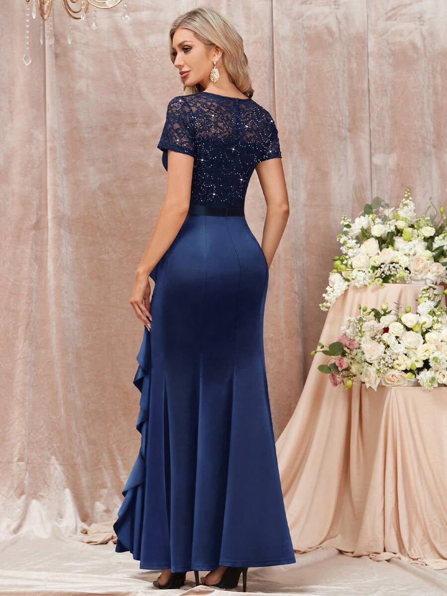 thumbnail image 6 of Blue Sequin Lace Ruffle Mermaid Evening Maxi Dress For Formal Occasions, 6 of 30