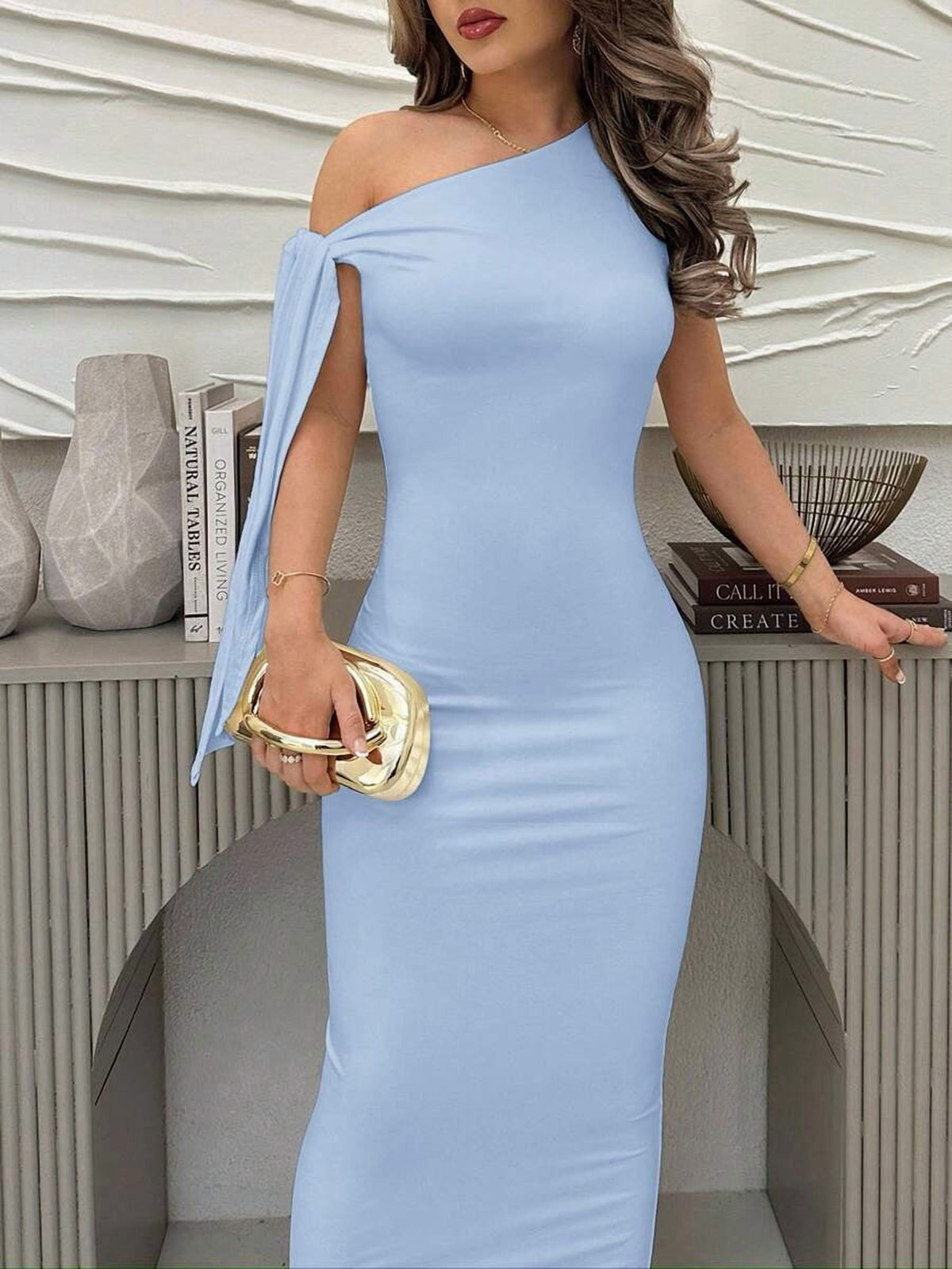 thumbnail image 4 of Baby Blue One-Shoulder Ruched Bodycon Maxi Dress For Evening, 4 of 30