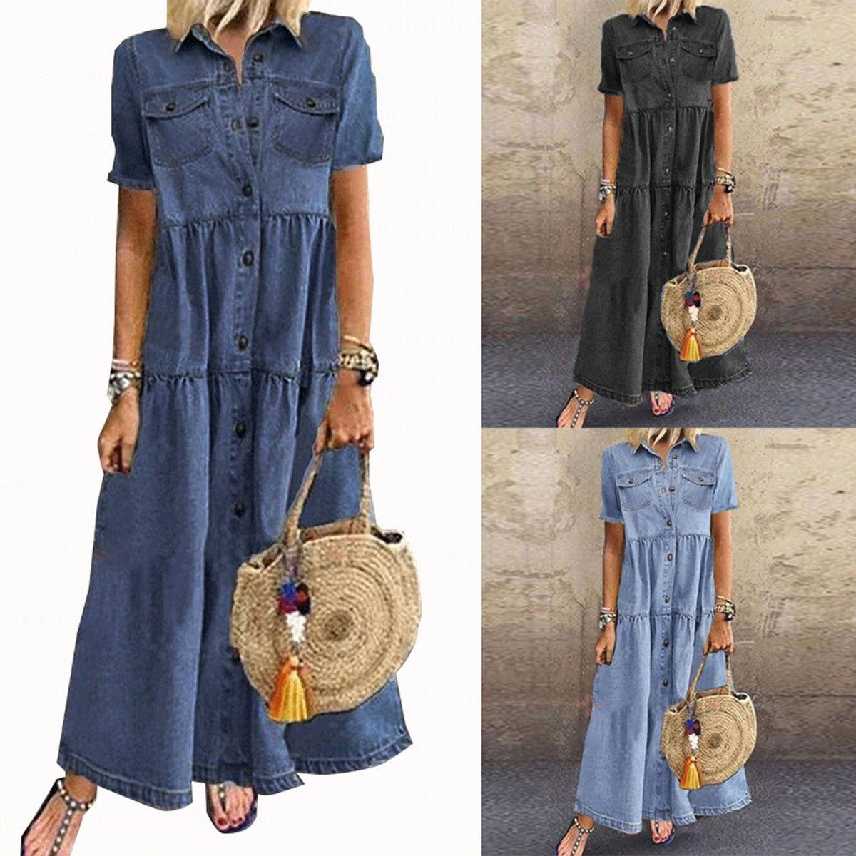 thumbnail image 1 of asdoklhq Denim Dresses For Women Chambray Trendy Women Button Loose V-neck Lmitation Short Sleeve Long Dress Black L, 1 of 5