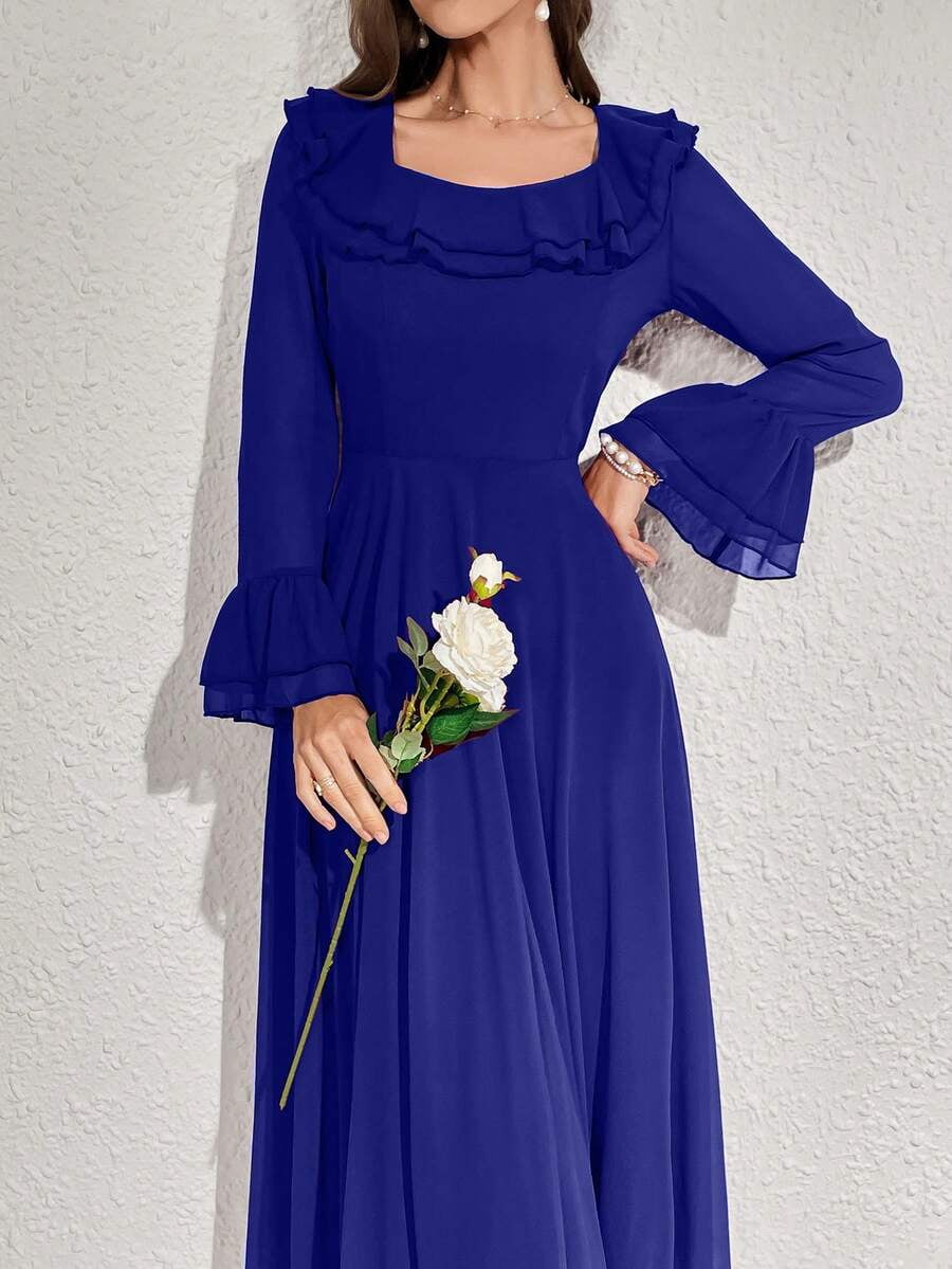 thumbnail image 3 of Womens Royal Blue Ruffled Flare Sleeve Maxi Dress - Elegant Long Evening, 3 of 8