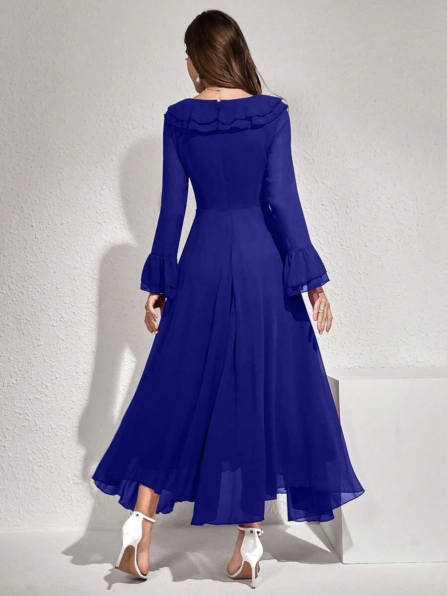 thumbnail image 2 of Womens Royal Blue Ruffled Flare Sleeve Maxi Dress - Elegant Long Evening, 2 of 8