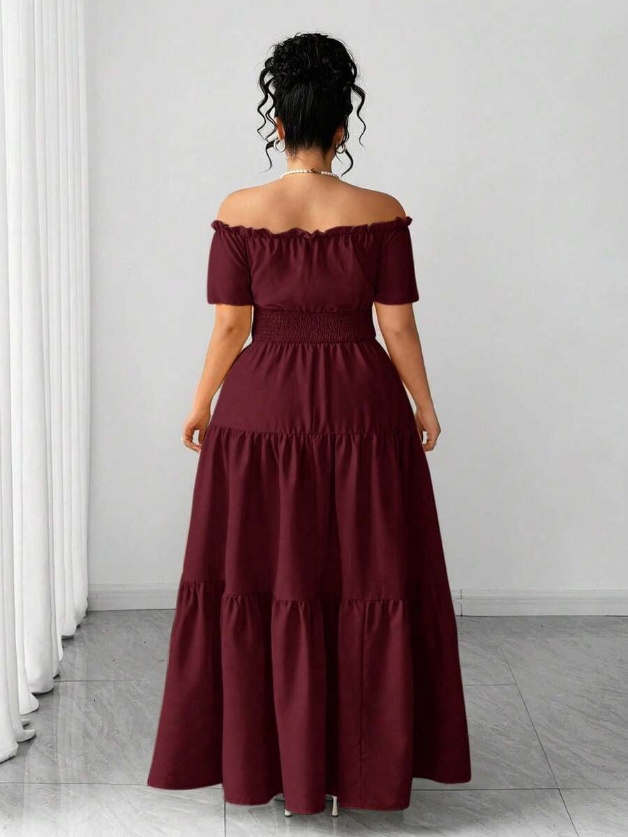 thumbnail image 2 of Burgundy Plus Size Off-Shoulder Tiered Maxi Dress with Elastic Waist &, 2 of 7