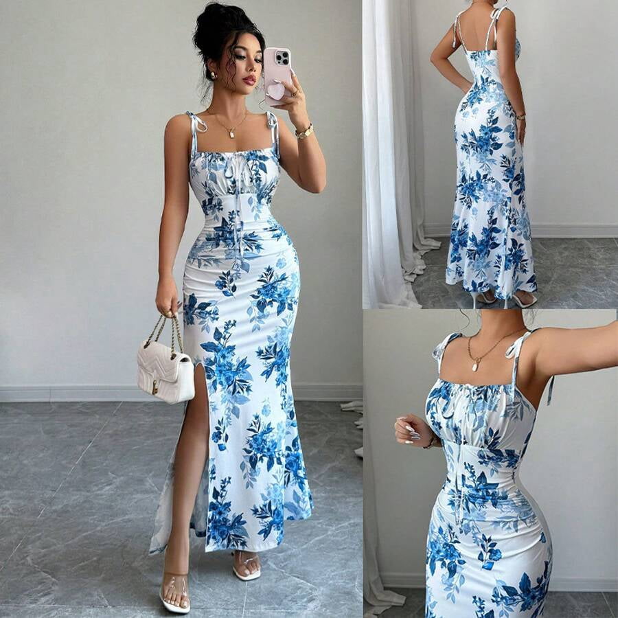 thumbnail image 2 of Green Floral Print Tie-Strap Maxi Dress With Square Neck Ruched Waist, 2 of 12