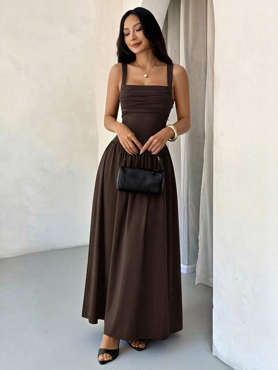 thumbnail image 7 of Petite Womens Coffee Brown Solid Square Neck Flared Maxi Dress For Spring Summer, 7 of 7