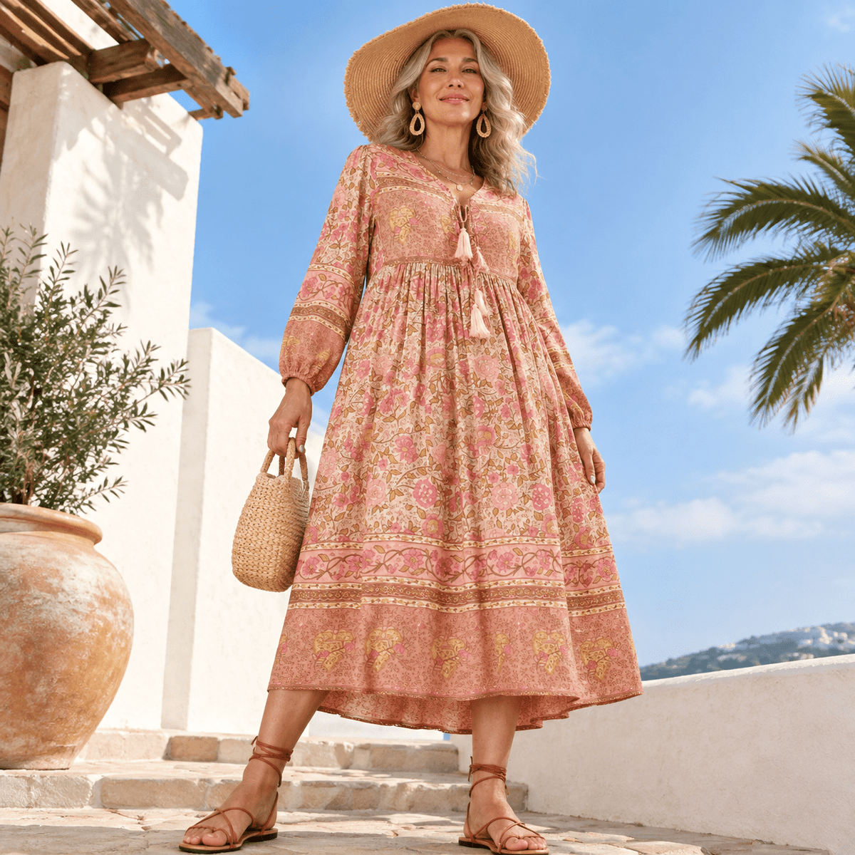 thumbnail image 3 of Apricot Small Women's Long Sleeve Floral Print Midi Casual Boho Dress, 3 of 6
