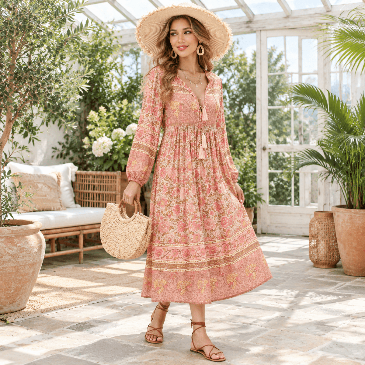 thumbnail image 2 of Apricot Small Women's Long Sleeve Floral Print Midi Casual Boho Dress, 2 of 6