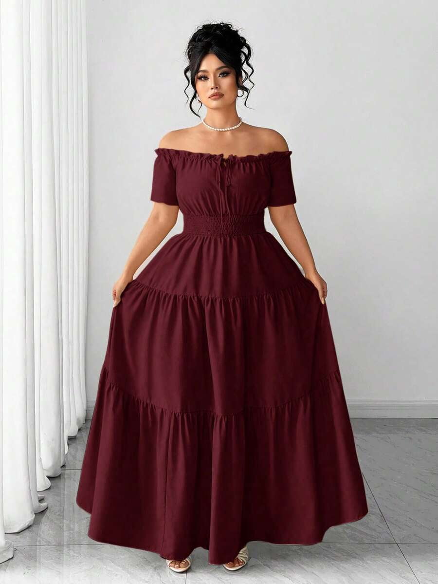 thumbnail image 5 of Burgundy Plus Size Off-Shoulder Tiered Maxi Dress with Elastic Waist &, 5 of 7